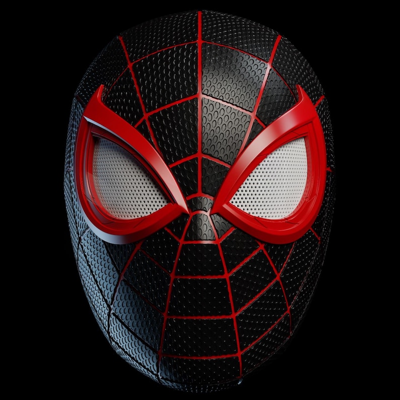 May include: A black and red Spider-Man mask with a textured surface and red web lines. The eye openings are outlined in red and have white mesh inserts. The mask is set against a black background.