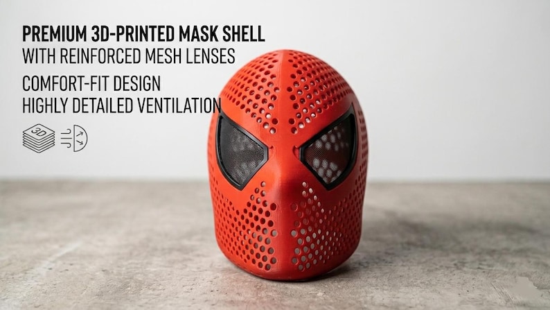 May include: A red 3D-printed mask shell with reinforced mesh lenses. The mask has a comfort-fit design and highly detailed ventilation. The text on the image reads: PREMIUM 3D-PRINTED MASK SHELL WITH REINFORCED MESH LENSES COMFORT-FIT DESIGN HIGHLY DETAILED VENTILATION.