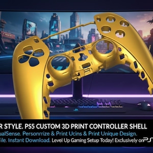 May include: A gold-coloured custom 3D-printed controller shell for a PS5. The controller is displayed in front of a computer monitor. The text reads: "UNLEASH YOUR STYLE. PS5 CUSTOM 3D PRINT CONTROLLER SHELL. Transform Your DualSense. Personrrize & Print Ucins & Print Unique Design."