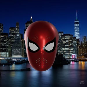 May include: A glossy red mask with black eye surrounds and white eye lenses. The mask has small ventilation holes near the mouth. The background shows a nighttime cityscape with illuminated buildings and a body of water.