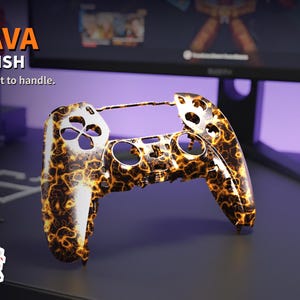 May include: A replacement controller shell featuring a black and orange lava pattern. The text LAVA FINISH and Too hot to handle are visible in the upper left corner, with a fire emoji and a volcano icon included in the graphic design.