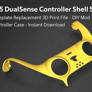 May include: A bright yellow PS5 DualSense controller shell, a faceplate replacement for a DIY mod. The design features two circular openings and curved edges. Text on the image reads: "PS5 DualSense Controller Shell STL Faceplate Replacement 3D Print File - DIY Mod Controller Case - Instant Download."