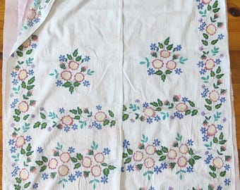 Puede incluir: Textil blanco bordado con motivos florales en rosa, azul y verde. El diseño incluye un borde de flores y hojas, con un delicado ribete de encaje en la parte inferior. El textil es probablemente un artículo decorativo o parte de una prenda.