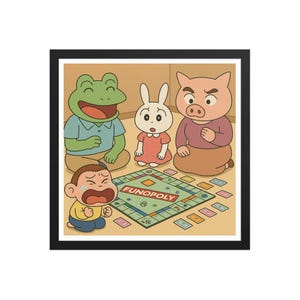 Puede incluir: Una impresión enmarcada que presenta una ilustración de dibujos animados de una escena de juego de mesa. Una rana, un conejo y un cerdo están sentados alrededor de un tablero de juego "FUNOPOLY", con un niño llorando en primer plano.