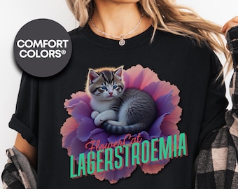 Comfort Colors® Flower Cat Collection, Whimsical Cat T-shirt, Cozy Apparel for Cat Lovers, Perfect Gift for Birthdays, Anniversaries