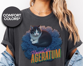 Comfort Colors® Flower Cat Collection, Cute Cat Ageratum T-shirt - Casual Wear, Cat Lover Gift, Birthday, Unique Apparel, Cat Mom Dad Shirt