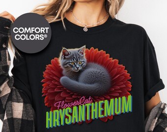 Comfort Colors® Flower Cat Collection, Cat Floral T-shirt | Unisex Garment-Dyed Tee for Animal Lovers | Boho Style, Gift for Cat Owners