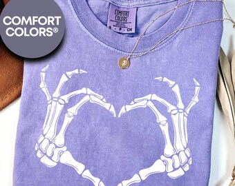 Comfort Colors® Skeleton Hand Shirt, Skeleton Halloween Shirt, Hand Heart Shirt, Womens Halloween Shirt, Spooky Season Shirt, Halloween Gift
