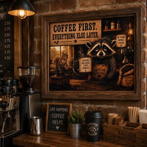 May include: A framed wall art print featuring a raccoon holding a mug with the text COFFEE FIRST. EVERYTHING ELSE LATER. The raccoon wears an apron labeled RACCOON ROASTERS, with a squirrel nearby and a small sign reading NO TALKIE BEFORE COFFEE.