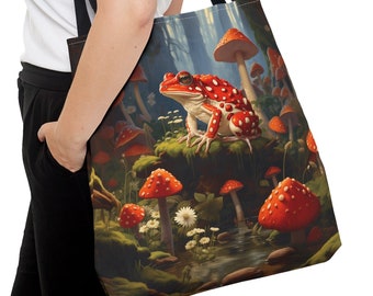 Toad Stool Tote Bag - Reusable Grocery Bag, Overnight Bag, Tote Bag, Beach Bag, Gift, Toad, Mushroom, Fantasy, Forest