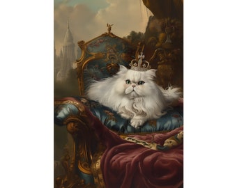 White Persian Queen on Blue Cushion, Matte Vertical Posters, Pet Parent, Mom, Dad, Parent, Cat, Kitty, Kitten, Royalty, Memorial, Art