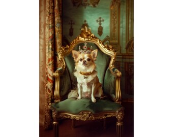 Chihuahua King on Green Thrown, Matte Vertical Posters, Royalty, Royal Court, Pet Parent, Memorial, Mom, Dad, Antique, Gift