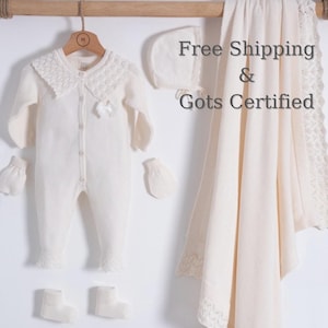 Tenue de retour à la maison | Ensemble hospitalier tricoté pour nouveau-né | Ensemble bébé fille certifié biologique Gots |
