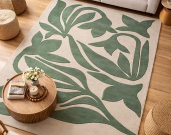 Botanical Green Leaf Area Rug | Nature Inspired Modern Living Room Rug