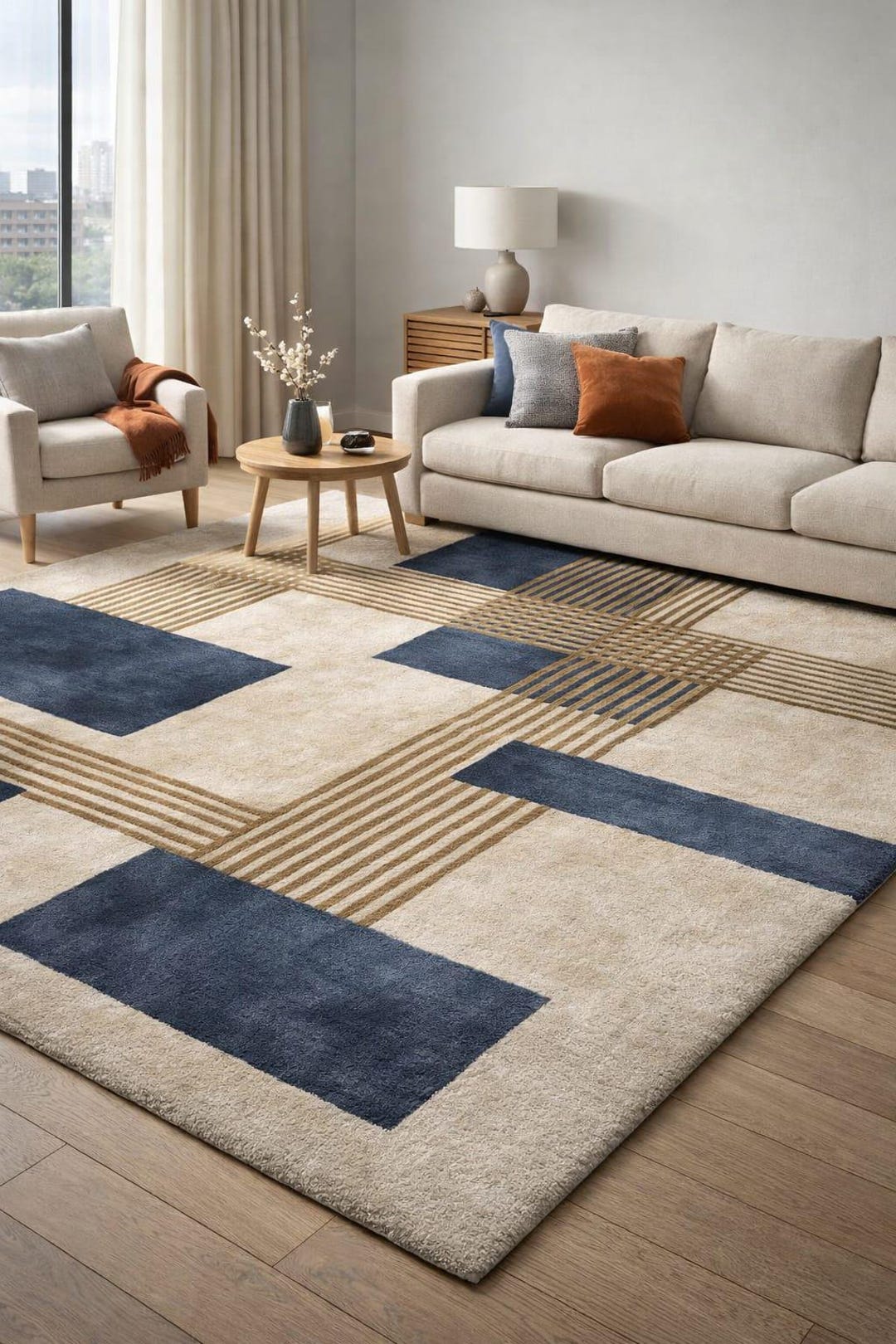 Hand Tufted Linear Grid Abstract Wool Rug – Modern Beige & Navy ...