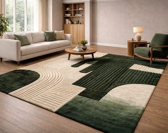 Hand Tufted Wool Rug – Modern Green & Ivory Abstract Area Rug