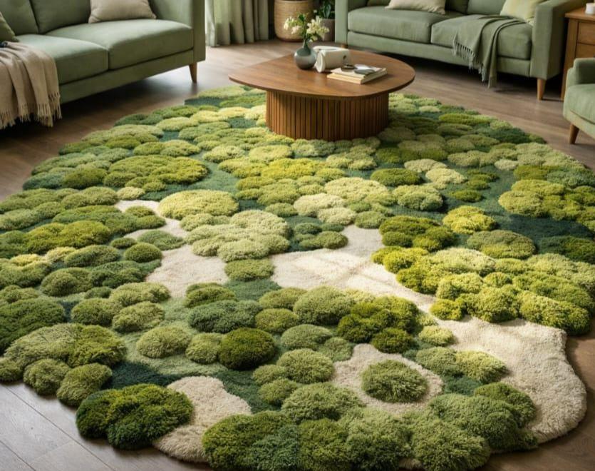Hand Tufted Moss Garden Sculpted Wool Rug – Organic Green Pebble ...