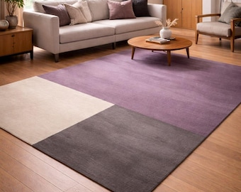 Hand Tufted Serene Blocks Sculpted Wool Rug – Modern Purple, Grey & Ivory Color-Block Area Rug