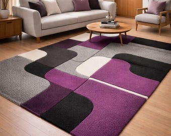 Hand Tufted Amethyst Flow Sculpted Wool Rug – Purple & Grey Modern Abstract Area Rug