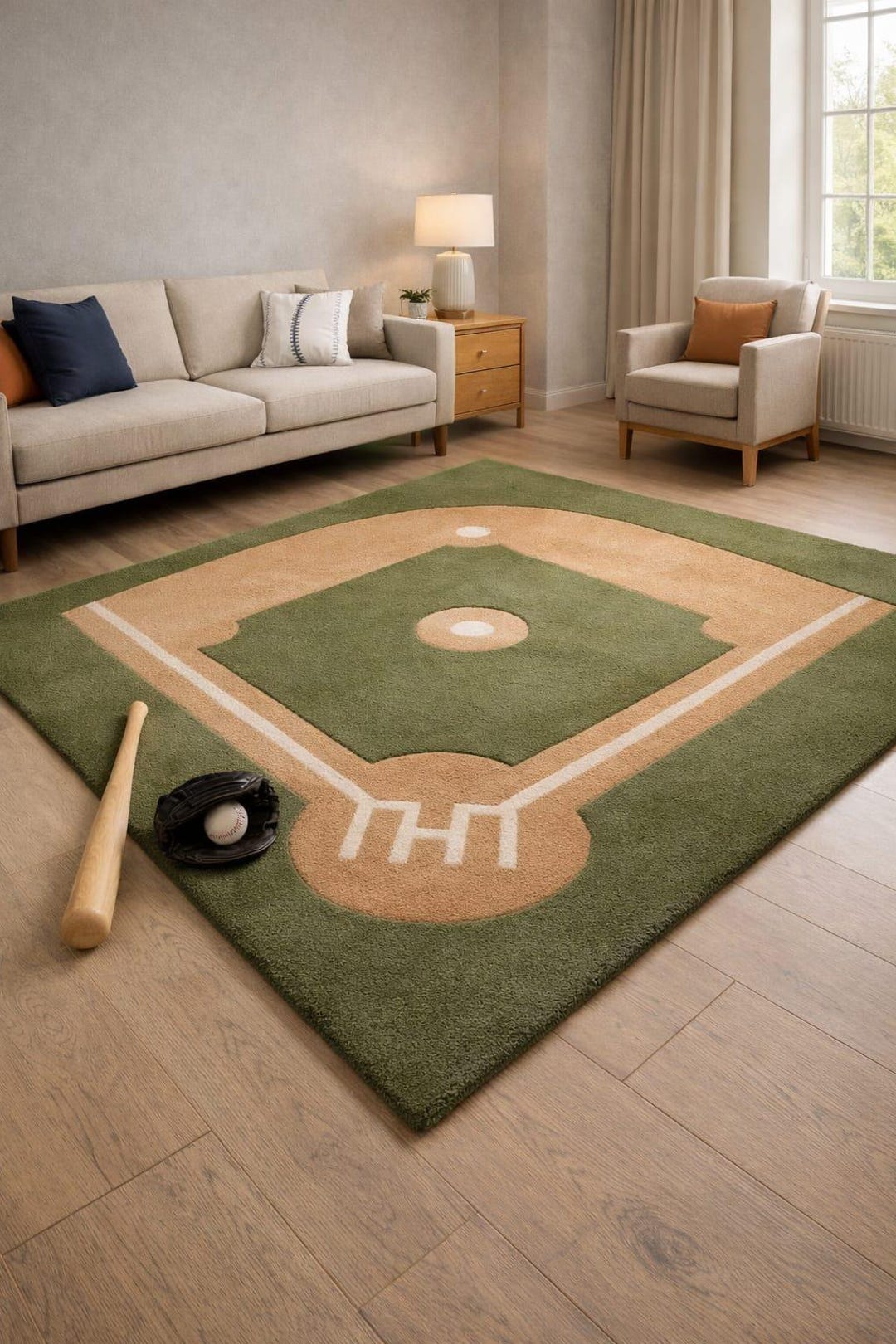 Hand Tufted Diamond Field Sculpted Wool Rug – Baseball Inspired Green ...