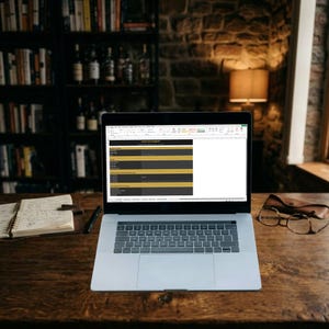 May include: A laptop displaying a spreadsheet with a black and gold color scheme sits on a wooden desk. A notebook and pen are to the left, and glasses in a case are to the right. The background includes a bookshelf and a brick wall.