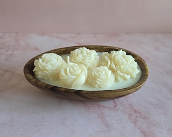 Floral Rose Dough Candle: Handmade Wood/ Candle in Wooden Bowl/ Flower Candles