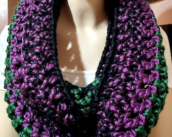 OOAK Chunky Crochet Purple, Green and Black Infinity Scarf, chunky knit scarf, oversized winter scarf, super bulky scarf, striped accessory