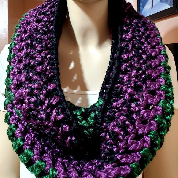 OOAK Chunky Crochet Purple, Green and Black Infinity Scarf, chunky knit scarf, oversized winter scarf, super bulky scarf, striped accessory