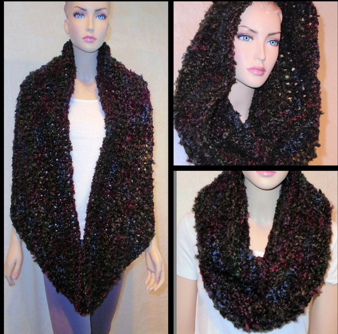 Black Crochet Scarf Crochet Infinity Scarf Black Scarf Blue Crochet