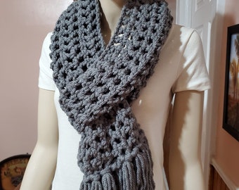 Crochet, Gray Crochet Scarf, Men's Gray Scarf, Women Gray Scarf, Unisex Scarf, Knitted Scarf, Gray Bulky Fringe Scarf, Paton Highlander yarn