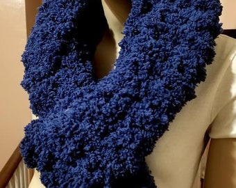 Blue Oversized Crochet Infinity Scarf, Blue Scarf, Infinity Scarf, Fleece Scarf, Navy Blue Scarf, Oversized  Winter Knit Crochet Scarf