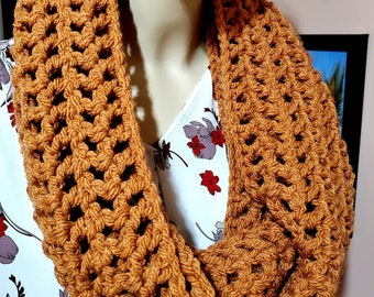 handmade crochet infinity scarf, golden brown knit scarf, winter accessories