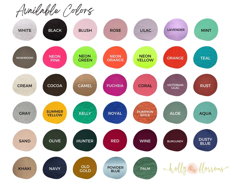 a grid of 24 different colors, each color represented by a circle. The colors are arranged in a 4x6 grid, with each row containing three colors. The colors are listed in a clear and organized manner, making it easy to identify each color.