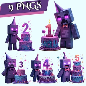 MineART Birthday Clipart: Purple Block Figures, Cake Party (Digital Download)