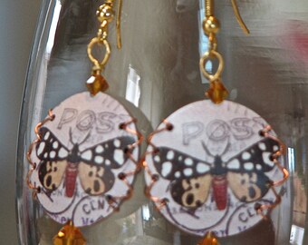 Reversible butterfly & antique stamp earrings