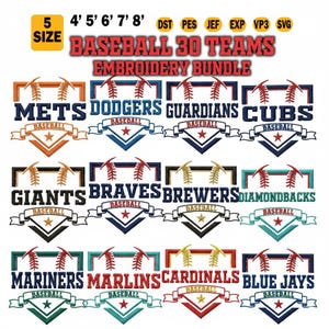 May include: A digital embroidery bundle featuring 30 baseball team logos. Each logo is displayed in a shield design with the team name, a baseball, and a star. The image includes size options and file formats.