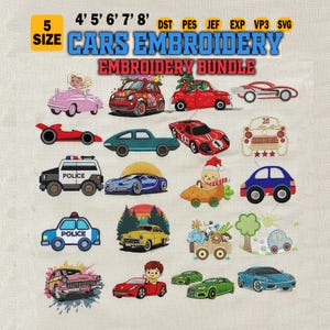 May include: A collection of colorful car embroidery designs. The designs include various car styles, such as race cars, police cars, and classic cars. The text "CARS EMBROIDERY EMBROIDERY BUNDLE" is displayed at the top. The image also includes size information.