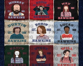 Personnages étrangers PNG toute l'équipe à imprimer pour merch, mug, Steve, Max, Eleven Sweatshirt, ST SS4, trémie Steve Harrington, Dustin Henderson, Eddie