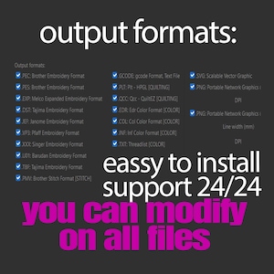 Op de afbeelding: Een donkergrijze afbeelding met witte tekst met borduuruitvoerformaten. De tekst "eassy to install support 24/24 you can modify on all files" is in wit en roze. De woorden "output formats:" zijn in het wit.