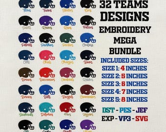 32 fichiers de broderie machine pour casque d'équipe de football - 5 tailles pour projets Spirit & Cheer, fichier machine de football dst, pes, jef, exp, vp3