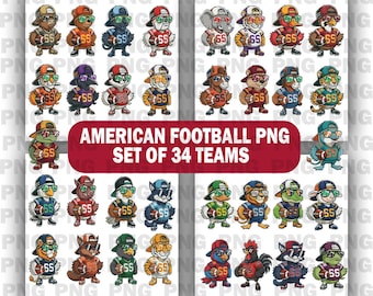 Ensemble de 34 modèles PNG de mascotte de football, fichier PNG imprimable de football de 34 équipes, dessin animé mascotte lunettes de soleil cool sports hommes garçons enfants T-shirt