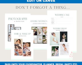 Planificateur de mariage ultime, modèle canva modifiable, organisateur de la mariée, fournisseur, feuille de contact, chronologie, liste de contrôle, plan du jour du mariage