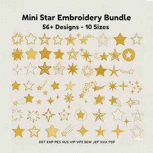 Könnte beinhalten: Eine Sammlung goldener Stern-Stickmuster in verschiedenen Stilen, darunter vollflächige, umrandete und Sternschnuppen. Der Text "Mini Star Embroidery Bundle" und "56+ Designs - 10 Sizes" ist oben zu sehen.