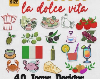 Lot de 40 motifs emblématiques La Dolce Vita, broderie estivale italienne - fichiers machine dst, pes, jef, exp, vp3