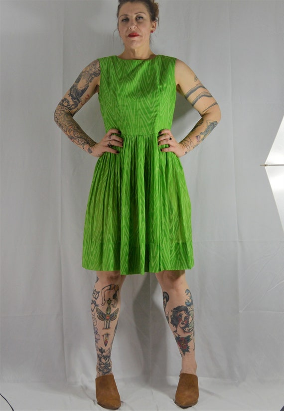 Green Chevron Print Vintage Dress