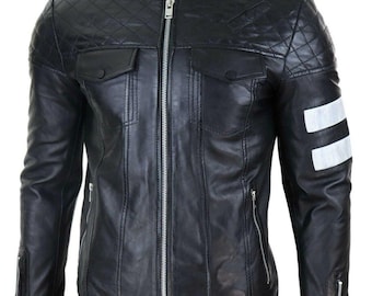 Men's Quilted Black Leather Jacket with White Arm Stripes