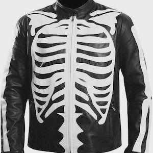 Skeleton Biker Leather Jacket – Black & White Motorcycle Style