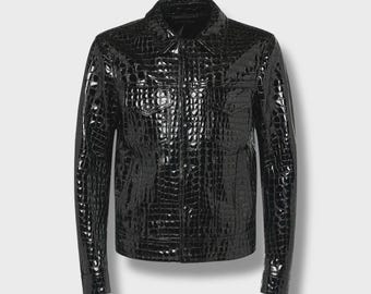 Chaqueta de cuero con textura de cocodrilo hecha a mano – Talla personalizada Moda masculina