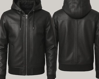May include: Black leather hooded jacket with a front zipper closure, front pockets, and a ribbed hem and cuffs. The jacket has a classic bomber style with a hood and drawstring. The image shows the front and back of the jacket.