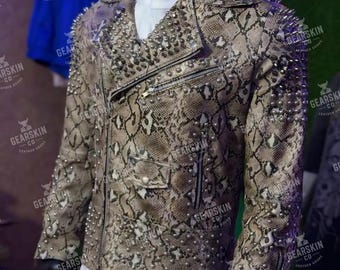 Men’s Snake Skin Texture Studded Leather Jacket | Luxury Designer Biker Style